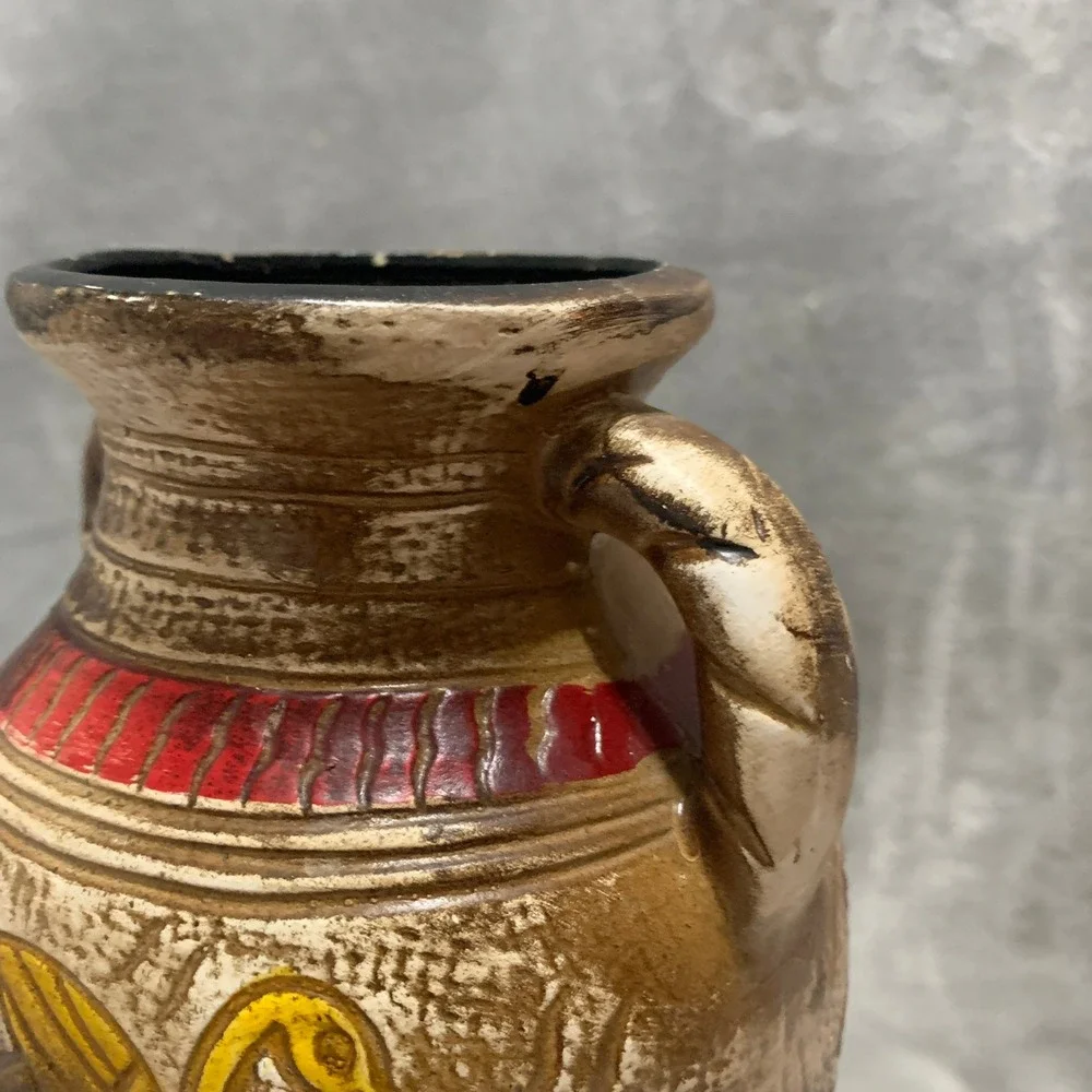 Vintage Style Faux Pottery Plastic Decorative Vase Bird Motif Tan Multi